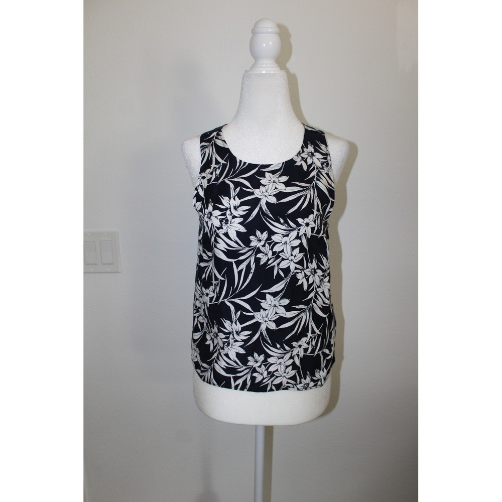 Madewell Womens Floral Criss-Cross Keyhole Back Sleeveless Top Black White 0 NWT